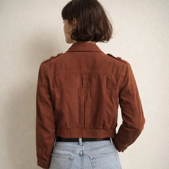 VINTAGE 80s Burnt Sienna Faux Suede Cropped Western Moto Jacket Size M - Picture 2 of 8